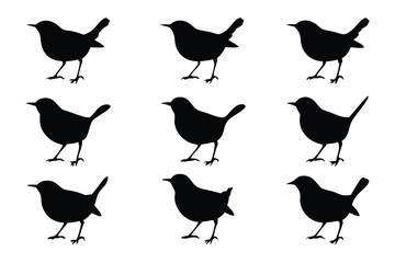 Black Bird Silhouettes: An eye-level shot displays a grid of nine minimalist black bird silhouettes, standing, with a focus on simplicity and design.