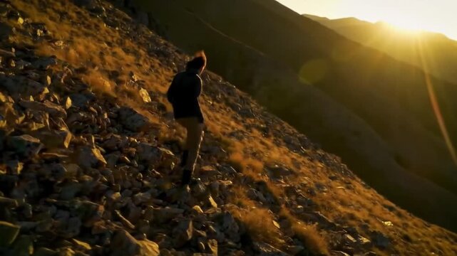 Pengalaman mendaki alam pegunungan di pagi hari, puncak gunung berbatu dengan lanskap langit biru yang menakjubkan