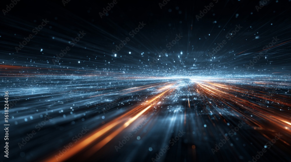 Poster a futuristic depiction of light particles racing through an abstract digital world, with glowing tra