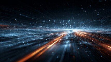 Obraz premium A futuristic depiction of light particles racing through an abstract digital world, with glowing trails and a high-tech grid structure symbolizing light's speed