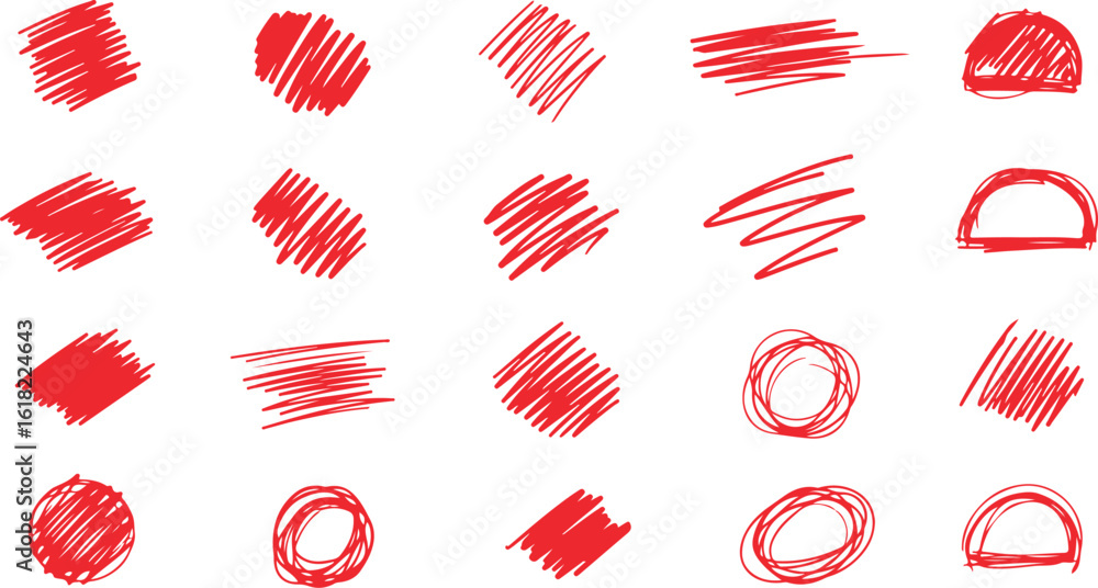 Poster collection of red scribble marks and brush strokes isolated on transparent background
