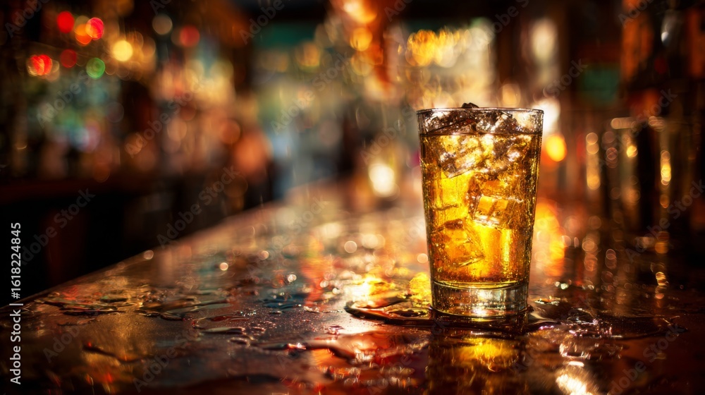 Poster a glass of beer with ice, sitting on a bar counter with reflections from the ice cubes and golden li