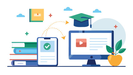 Online education and elearning concept with computer smartphone books graduation cap studying platforms and digital resources for academic success