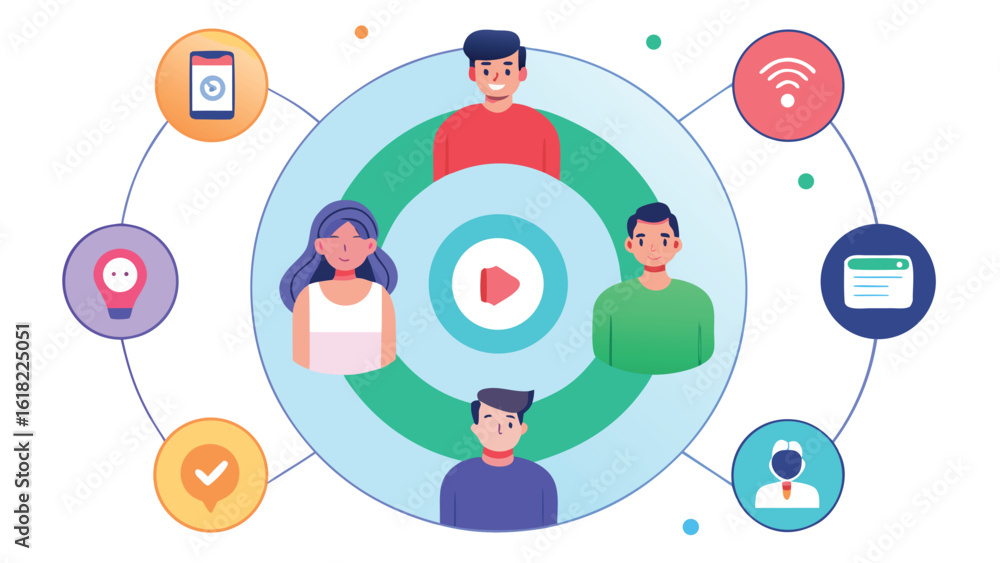 Poster online meeting platform with people connection and digital communication icons representing teamwork