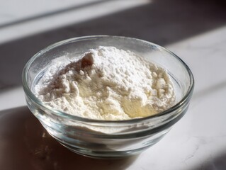 Bright Shot of a Full Glass Bowl of White Powder, Food Ingredient