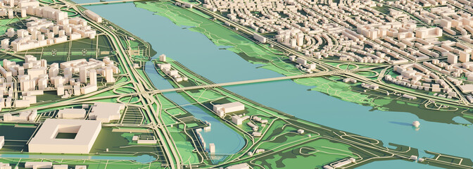 3D render map of Warsaw cityscape. 3D illustration of an aerial view of Warsaw, Poland.