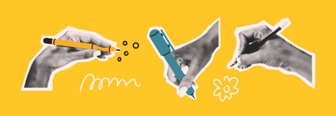 Illustration of three hands using different writing tools with a retro style. Black and white arms against a vibrant yellow background. Creative and artistic theme.