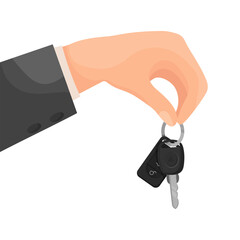 Vector cartoon image of buying and acquiring a car. Concept of transferring transport. Profitable deal. Transferring car keys. Element for your design.