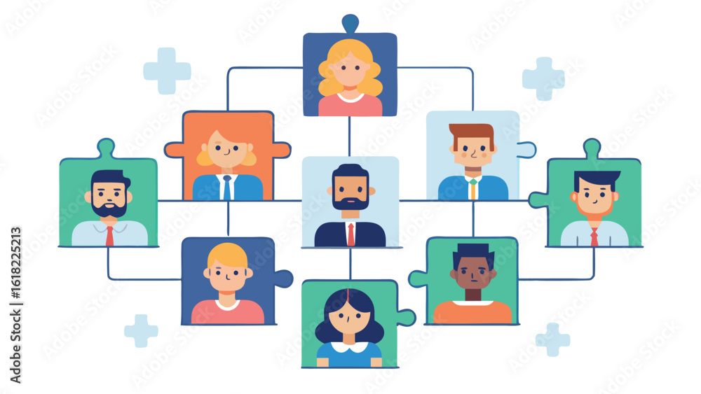 Aufkleber organization chart of team members using puzzle pieces illustrating company structure and hierarchy 