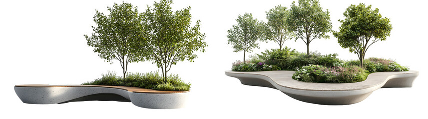 Innovative urban seating with integrated trees and greenery Modern outdoor furniture design ideal for public spaces and parks isolated