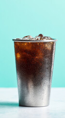 Iced coffee glistens in a metal tumbler. Refreshing beverage on a teal backdrop. Suitable for food blogs, drink menus, or marketing.