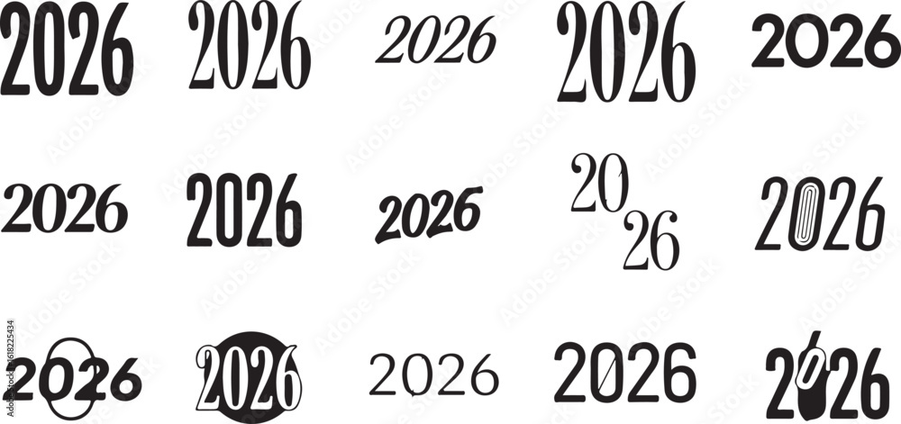 Aufkleber collection of 2026 year numbers in various artistic fonts isolated on transparent background