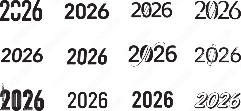 Poster collection of the year 2026 numbers in various fonts isolated on transparent background