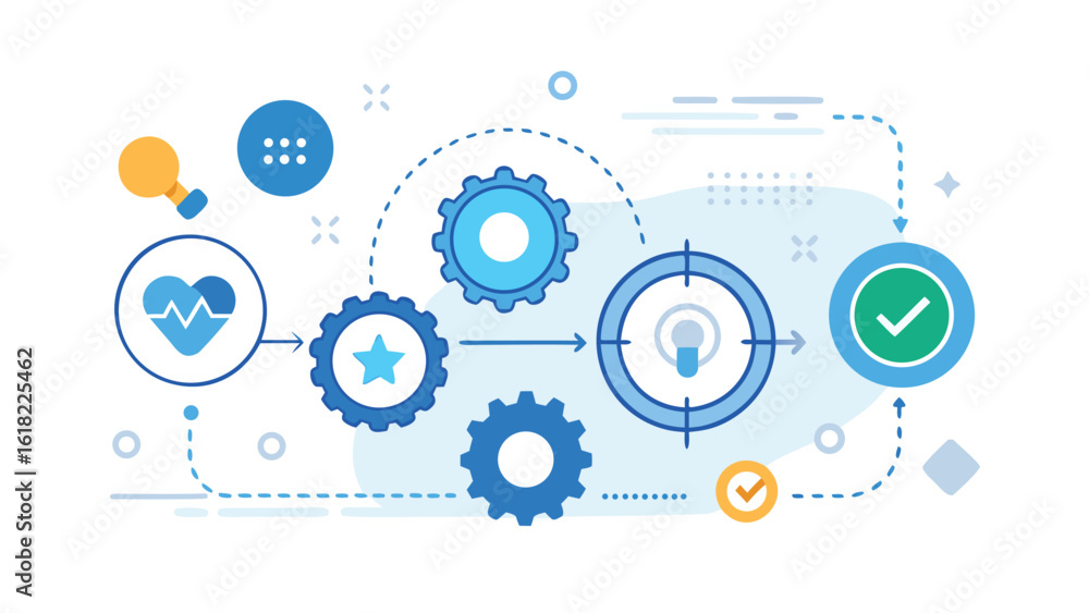 Poster process management illustration workflow with health focus gears and check mark completion vector il