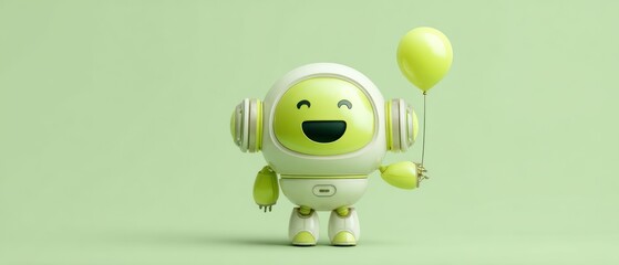 3D Render of a Cheerful Robot Holding a Yellow Balloon, Celebration