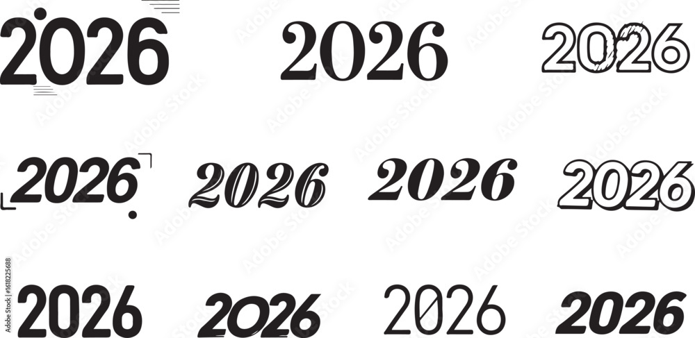 Poster collection of stylized 2026 numbers isolated on transparent background