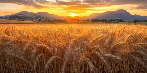 Golden Wheatfield Under a Majestic Sunrise with Mountains in the Background and Clear Blue Sky