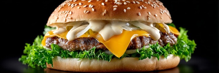 Mouthwatering gourmet burger with fresh lettuce, cheese, pickles, onions, and special sauce detail