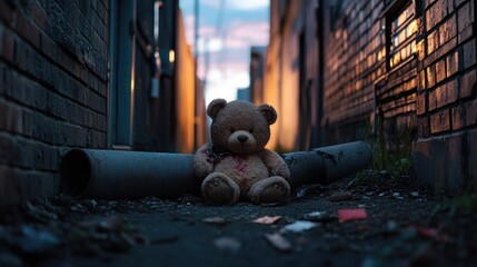 Sad Teddy Bear with Stains Sitting in an Alleyway, Abandoned Toy