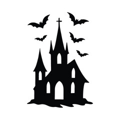 Spooky haunted church silhouette with flying bats for Halloween.