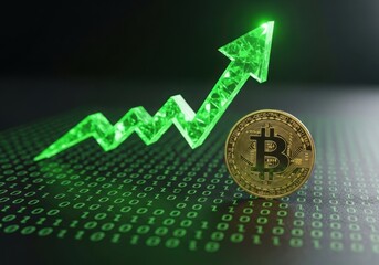 Bitcoin and a green upward arrow signify financial growth