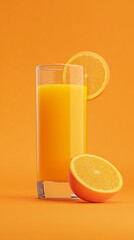 Orange juice gleams in glass. Use for health, breakfast, vibrant design. Fresh, vitamin C, healthy, studio shot, minimal, on bright background.