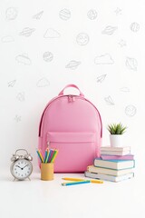 Pink school backpack with alarm clock, books and colorful pencils on white background with hand-drawn education icons. Perfect for back to school themes