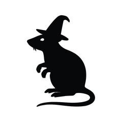 A black silhouette of a rat wearing a witch hat for Halloween.