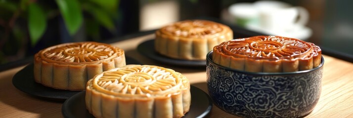 Close up of traditional mooncakes with intricate designs for celebrating cultural heritage.