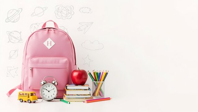 Pink school backpack with alarm clock, books and colorful pencils on white background with hand-drawn education icons. Perfect for back to school themes