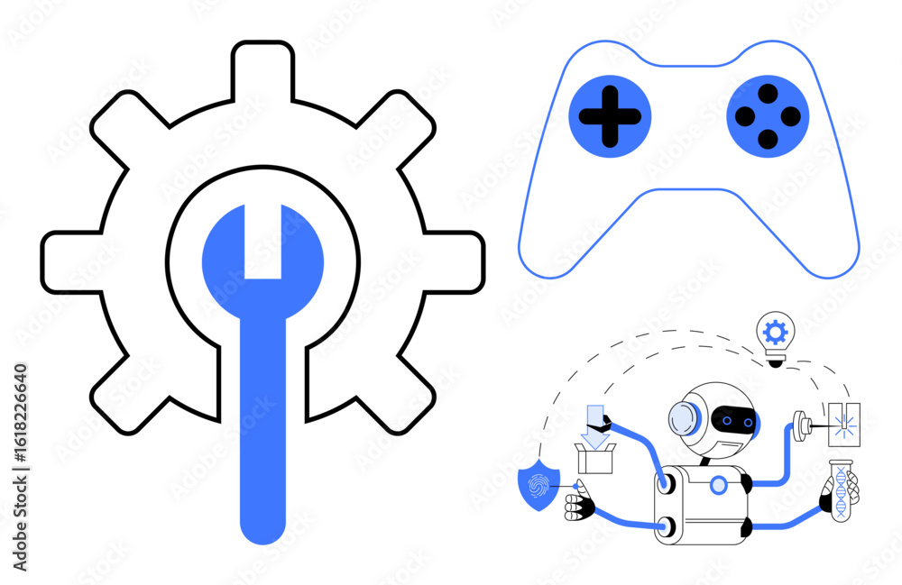 Aufkleber blue and black game controller, robot performing tasks, and gear with wrench for technology, gaming,