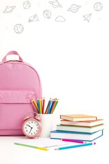 Pink school backpack with alarm clock, books and colorful pencils on white background with hand-drawn education icons. Perfect for back to school themes