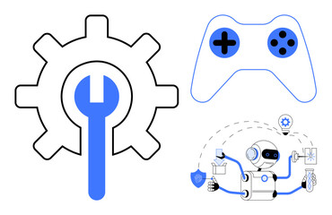 Blue and black game controller, robot performing tasks, and gear with wrench for technology, gaming, innovation, repair, automation, robotics problem-solving. Ideal for modern tech and simple flat