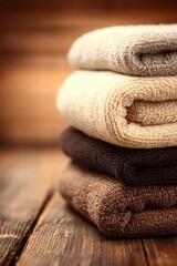 Soft towels in beige, brown, and gray tones stacked on rustic table, evoking spa serenity.