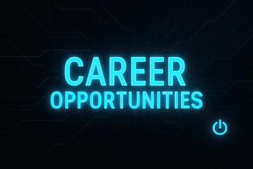 Futuristic neon sign with the words "Career Opportunities" glowing in blue against a dark technological circuit background, symbolizing tech job prospects and innovation.