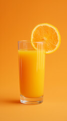Juice sparkles in a glass on orange. Fresh, vitamin-rich drink for health and wellness. Use for food blogs, marketing.