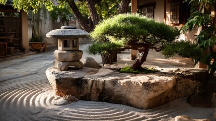 Minimalist Japanese Zen garden with smooth white sand patterns surrounding a single stone lantern, symbolizing balance, meditation, harmony, and timeless tranquility.