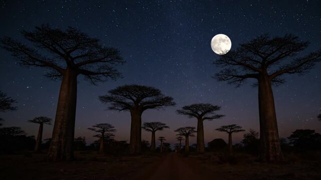 Night scene with baobab trees silhouetted against a starry sky and a bright full moon