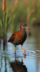 Wildlife Portrait Orange Crake Bird Wading in Marsh Water with Reflection Sunrise
