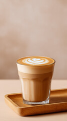 Latte Art Display: A glass of latte with a tulip design sits on a wooden tray against a neutral background. Use for advertising, web design, or food blogs.