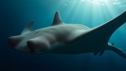 Majestic Hammerhead Shark Swimming in Deep Blue Ocean Underwater with Light Ray

