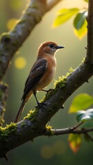 Orange Bird Wildlife Perch on Moss Tree Branch Closeup in Forest Morning Sunlight

