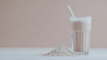 Chocolate Protein Shake with White Straw and Protein Powder Pile on Table