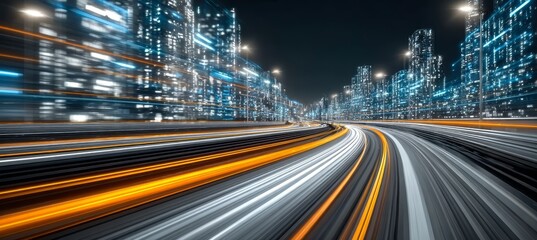 Dynamic Urban Cityscape at Night with Blurred Traffic Flow Illustrating Fast Data Transfer Concept