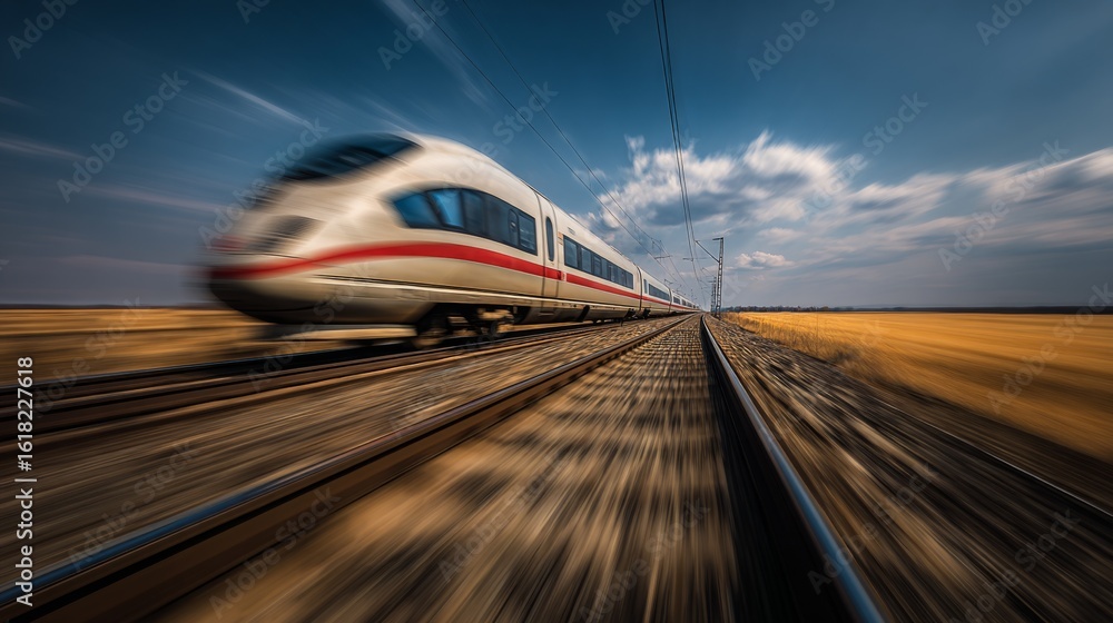 Poster a high-speed train at full speed on a wide-open track, surrounded by empty fields and a clear horizo