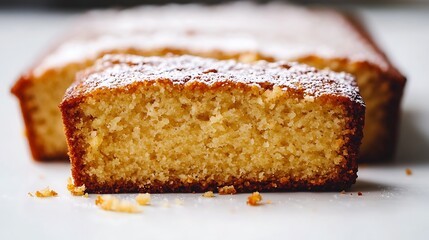 Closeup of Sliced Cake with Powdered Sugar Top, Side View, Full Loaf in Background
