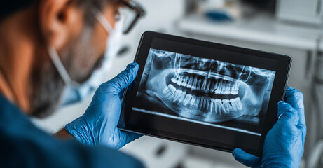 Dentist examining a dental X-ray on a digital tablet in a clinic, close-up view.