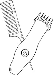 Shaver barber trimmer and comb Salon composition. Vector graphic line ink illustration. Linear vector illustration from beauty and spa collection. web and mobile apps, logo, print media.