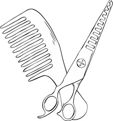 Scissors and hairbrush Salon composition. Vector graphic line ink illustration. Sign crossed scissors and hairbrush Barbershop symbols. Design for package, cosmetic, textile, cards.