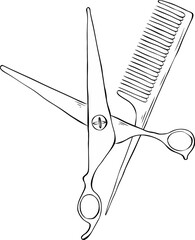 Scissors and hairbrush Salon composition. Vector graphic line ink illustration. graphic icon. Sign crossed scissors and hairbrush isolated on white background. Barbershop symbols.